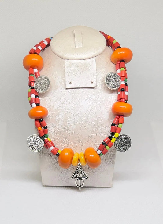 Handmade Moroccan Amber Necklace with Red Berber Coral Beads - Antique Silver Coins - Boho Necklace - Tribal Amazigh Pendant, Gift for Her