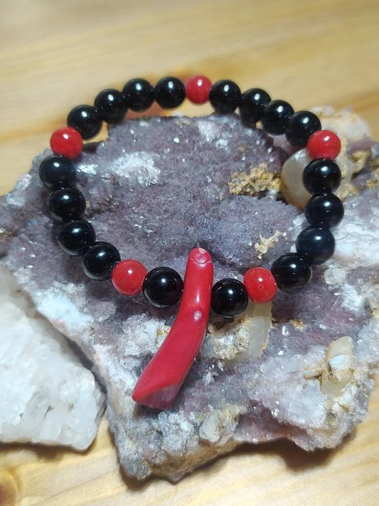 Beautiful Bracelet, Handmade, Black Agate round Beads, Coral Pendant, Gift Idea, for Here.