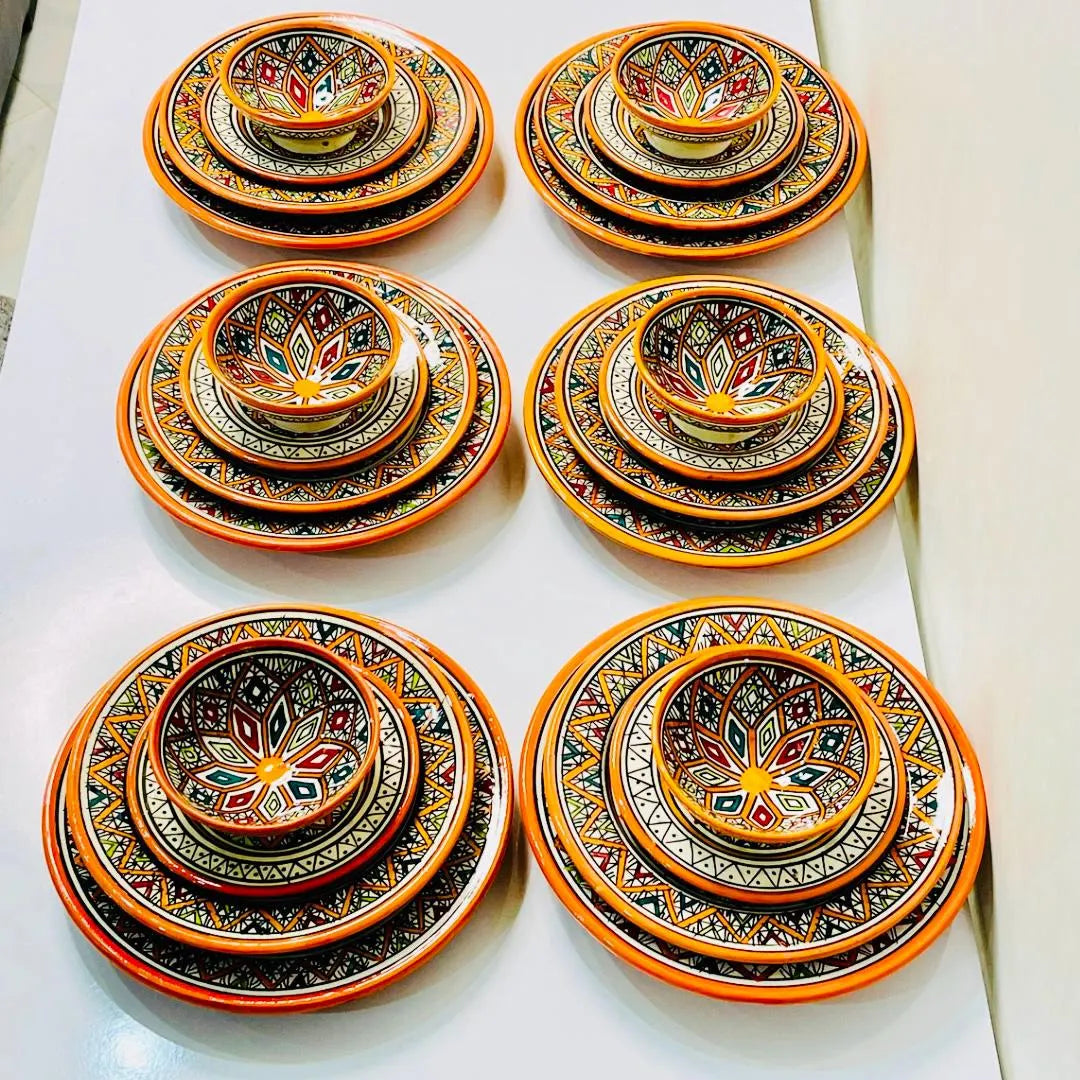 Authentic Moroccan Hand Painted Ceramic Dinnerware Set, Orange Handmade Serving Set, Tableware Collection, Dinnerware Set