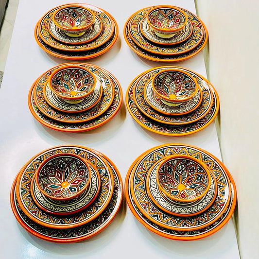 Authentic Moroccan Hand Painted Ceramic Dinnerware Set, Orange Handmade Serving Set, Tableware Collection, Dinnerware Set