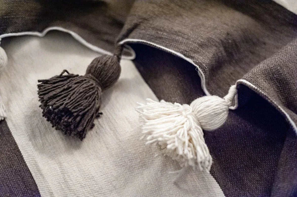White Dark Gray Handmade Moroccan Blanket, Berber Blanket, Woven Blanket, Throw Blanket, Tassel Blanket, Cotton Blanket
