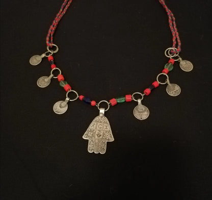 Quaint Amazigh Khamsa Coin and Glass Bead Necklace.
