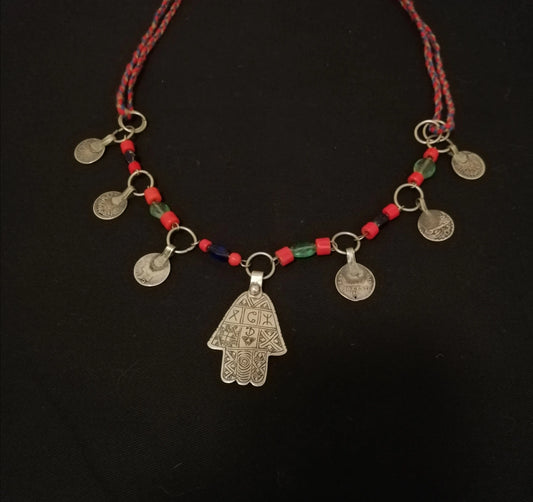 Quaint Amazigh Khamsa Coin and Glass Bead Necklace.