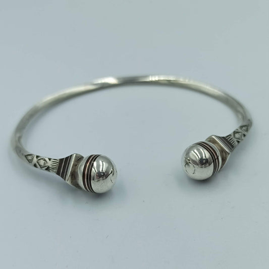 Men'S 925 Sterling Silver Handcrafted Adjustable Bracelet, Open Cuff 2-Ball Ended Engrave Design Boho Bangle