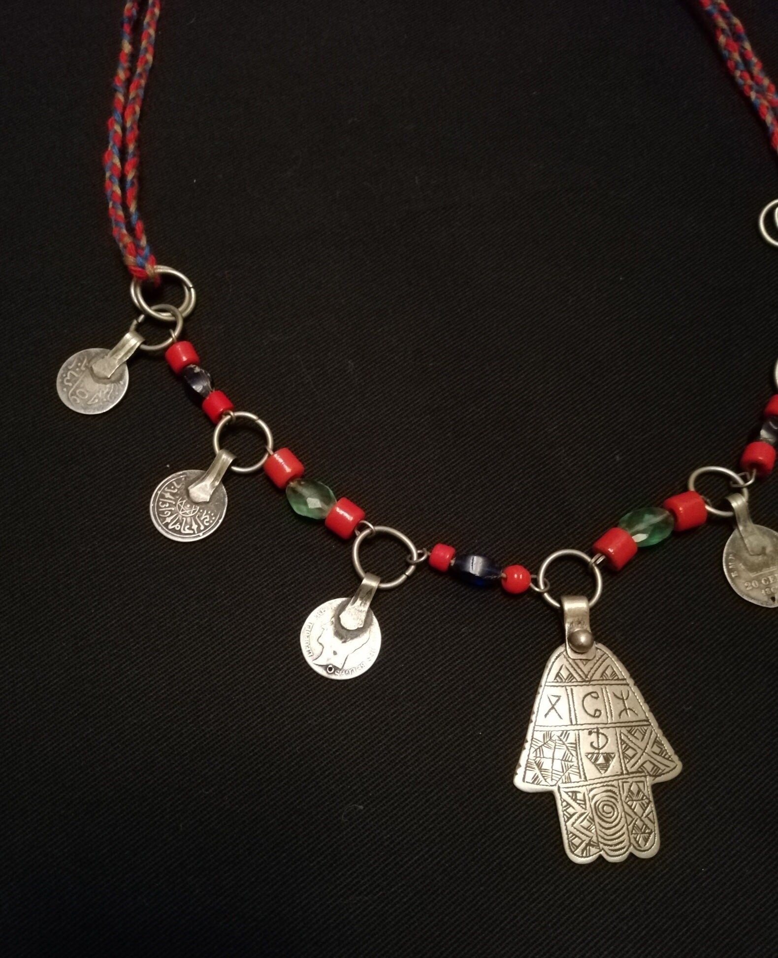 Quaint Amazigh Khamsa Coin and Glass Bead Necklace.
