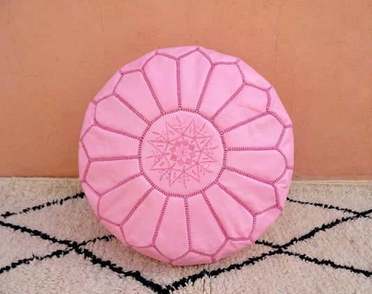 Pink Leather Pouf with Top Embroidery, Pink Moroccan Pouf, Luxury Ottomans Footstools, Leather Pouf, Handmade Pouf