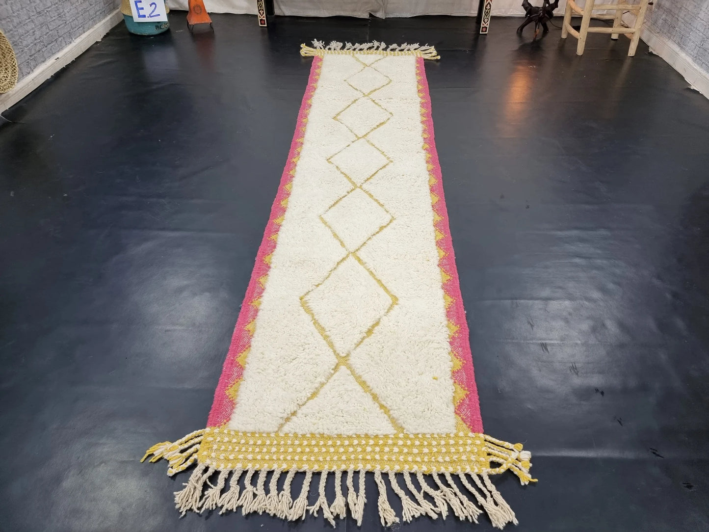 CUTE BENIOURAIN RUG, Handmade Rug 2X10, Pink & Mustard Runner Rug, Berber Wool Rug, Geometric Wool Rug, Runner Rug, Area Rug, Handwoven Rug