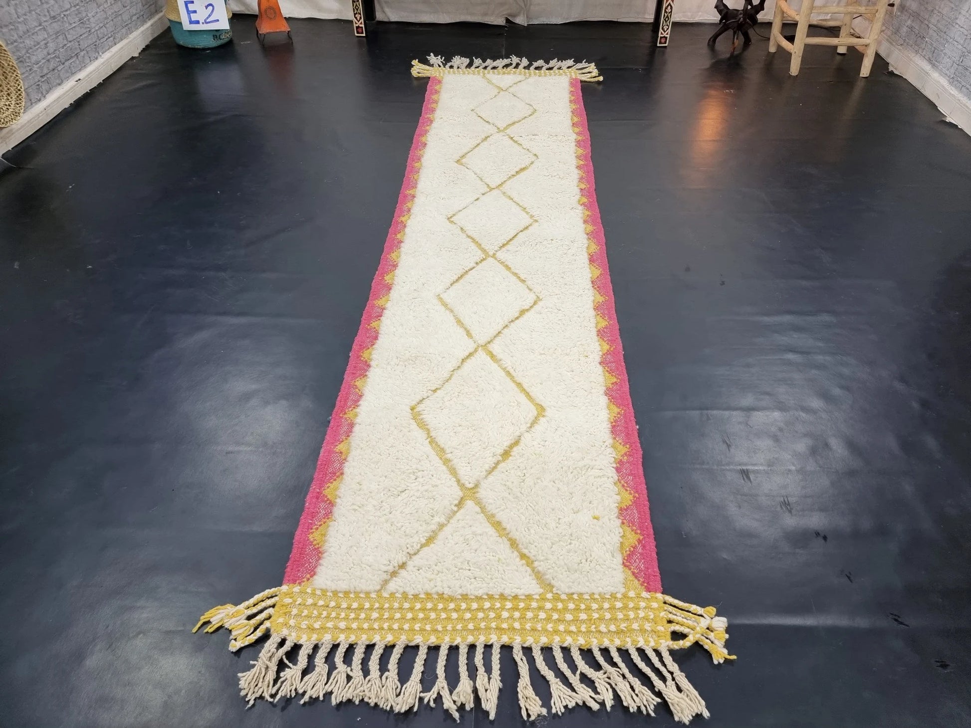 CUTE BENIOURAIN RUG, Handmade Rug 2X10, Pink & Mustard Runner Rug, Berber Wool Rug, Geometric Wool Rug, Runner Rug, Area Rug, Handwoven Rug