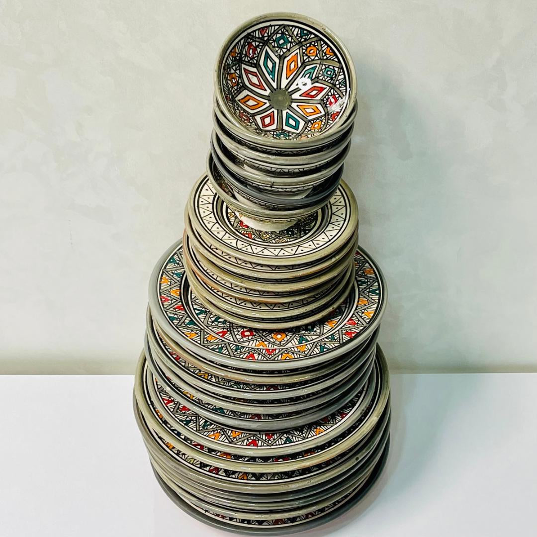 Authentic Moroccan Hand Painted Ceramic Dinnerware Set, Grey Handmade Serving Set, Tableware Collection, Dinnerware Set