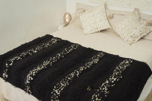 Handira Wedding Blanket | Moroccan Handmade Luxury Throw, Handira Black with Metal Sequins, Berber Rugs, Carpet, Woven Bed Throw Blanket