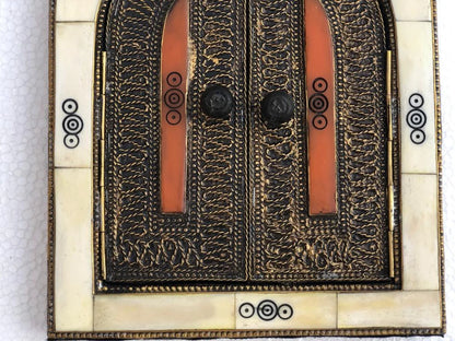 Small Handmade Moroccan Bone Mirror with Small Decorative Doors - Warm-Toned Frame