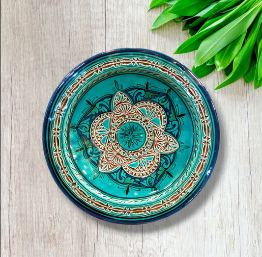 Moroccan Hand-Carved Pottery Plate: Artisanal 35Cm Serving Dish, Bohemian Decor, Turqoise Plate Home Decor Traditional Plate Dinnerware Dish