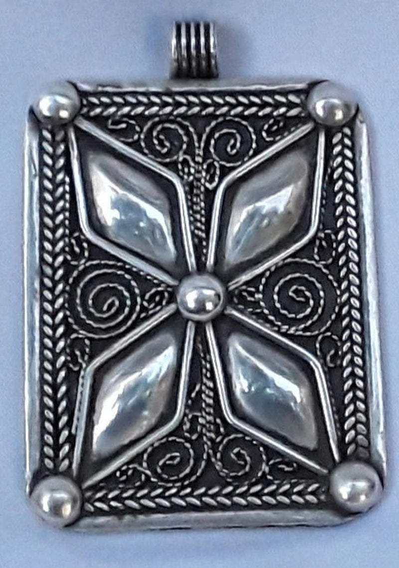 Bold Berber Silver Pendant with Geometric Reliefwork and Etching