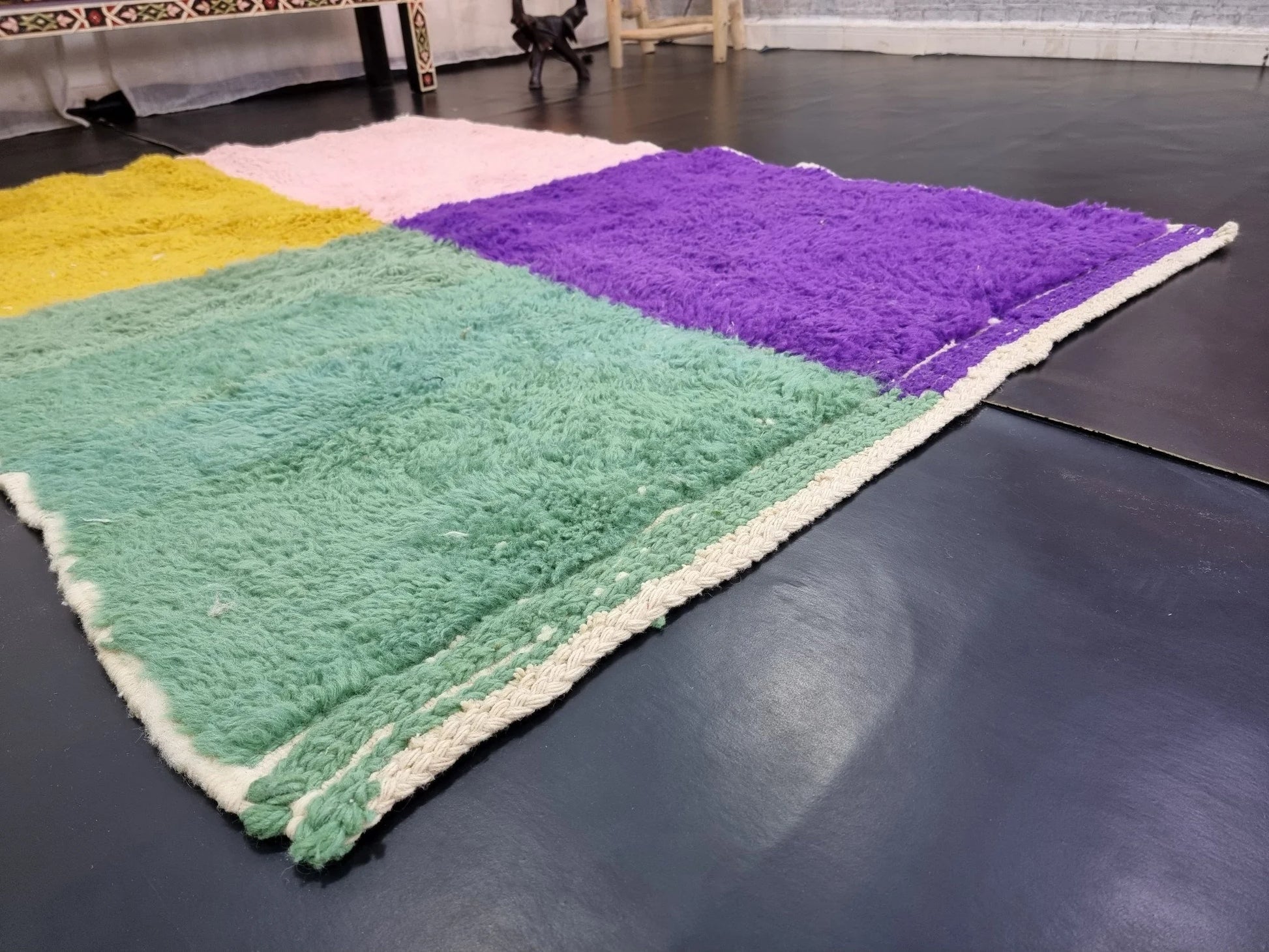 BENI OURAIN RUG 4X5, Multi-Color Moroccan Rug, Tribal Wool Rug, Fluffy Berber Carpet, Geometric & Funky Area Rug, Handmade Pink Boho Rug.
