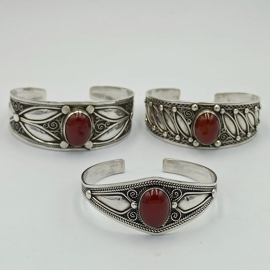 Women'S 925 Sterling Silver Handcrafted Adjustable Bracelet, Open Cuff Berber Engrave Design Boho Bangle with a Brown Bead