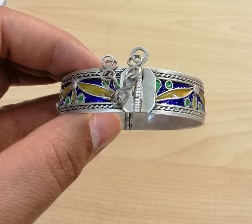 Modern Moroccan Sterling Silver and Enamel Hinged Bracelet