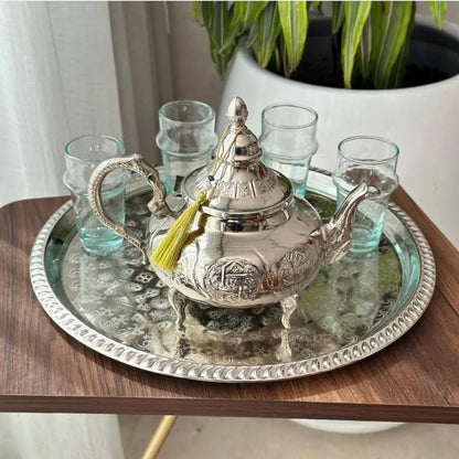 Moroccan Tea Set – Engraved Nickel Teapot with Traditional Glasses Tray | Handmade Mint Tea Set | Moroccan Home Decor & Gift