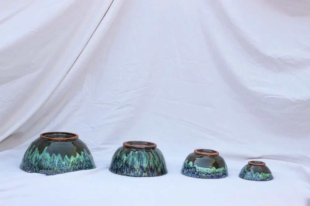 Green Ourika Ceramic Bowls Moroccan Handmade Bowls Nesting Bowl Set Drip Glaze Pottery Bowls Handpainted Ceramic Stoneware Crackle Glaze