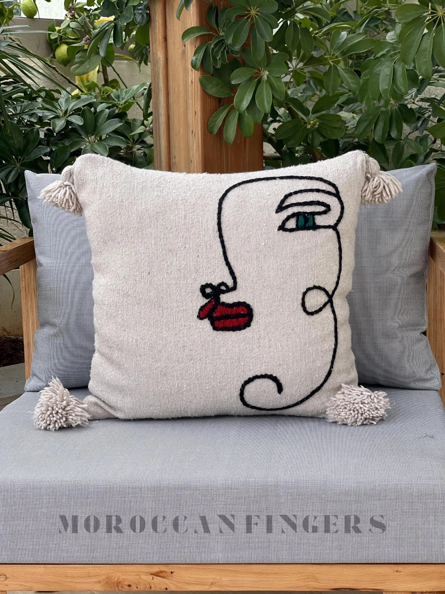 Abstract Face Pillow Covers 18X18 – Set of 2 Boho Cushion Covers, Handwoven Recycled Cotton, Handmade in Morocco