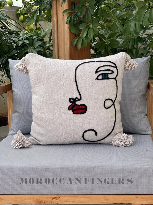 Abstract Face Pillow Covers 18X18 – Set of 2 Boho Cushion Covers, Handwoven Recycled Cotton, Handmade in Morocco
