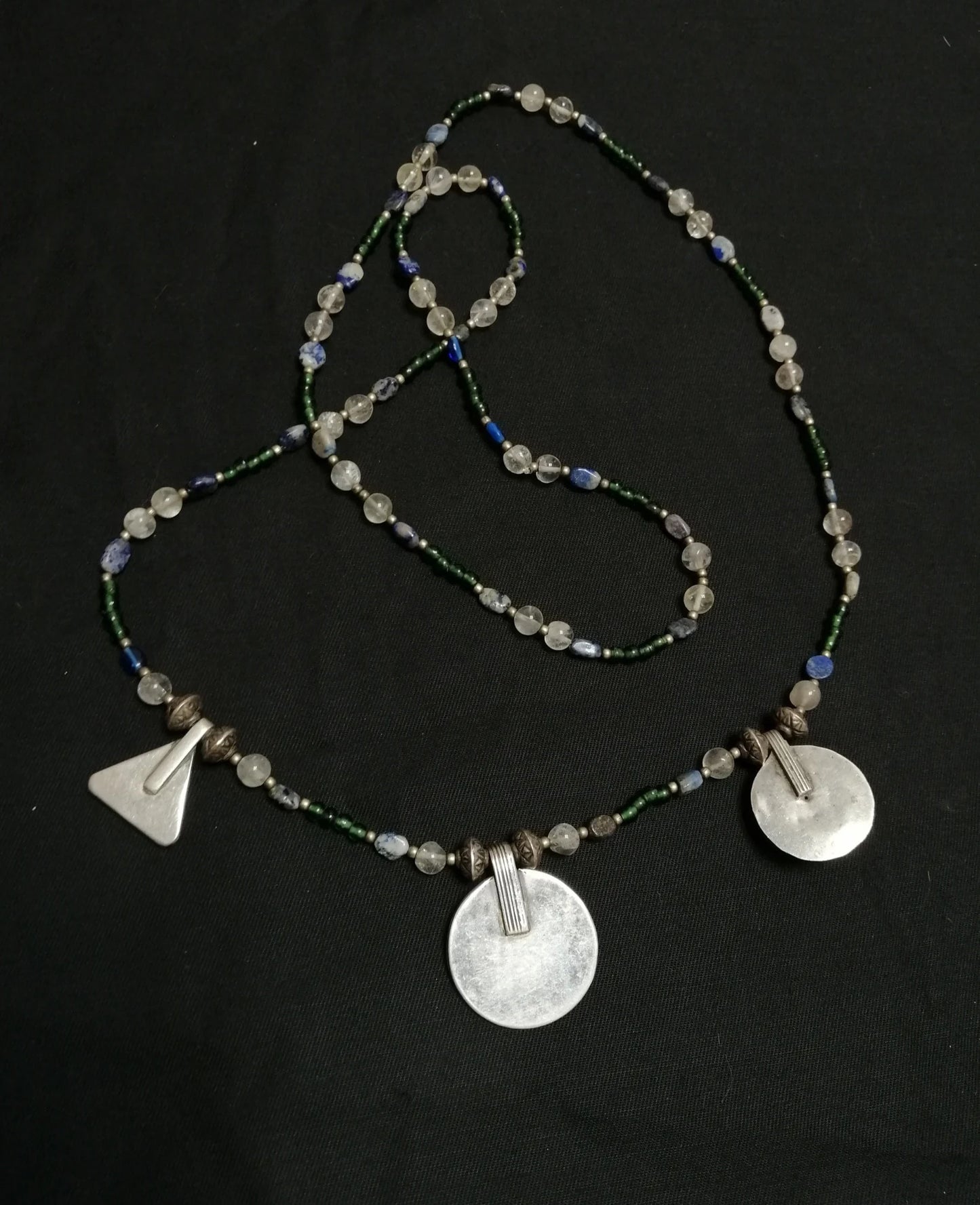 Long Single Strand Glass and Stone Beads with 3 Berber Enamel Amulets