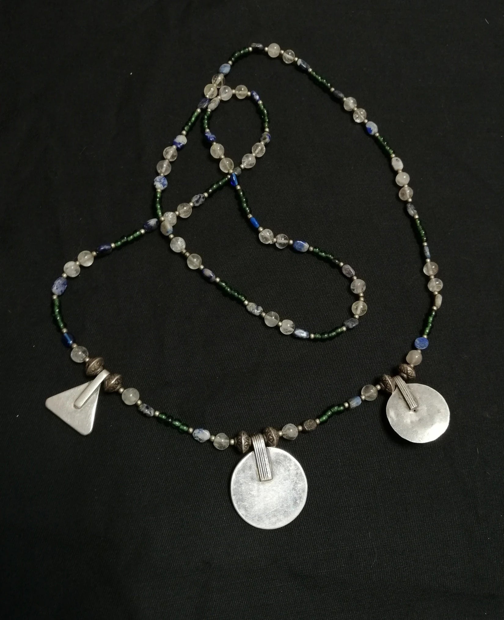 Long Single Strand Glass and Stone Beads with 3 Berber Enamel Amulets