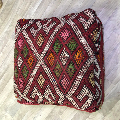 Moroccan Kilim Pouf,Moroccan Floor Cushions, Red Moroccan Kilim Pouf, Vintage Floor Pillow