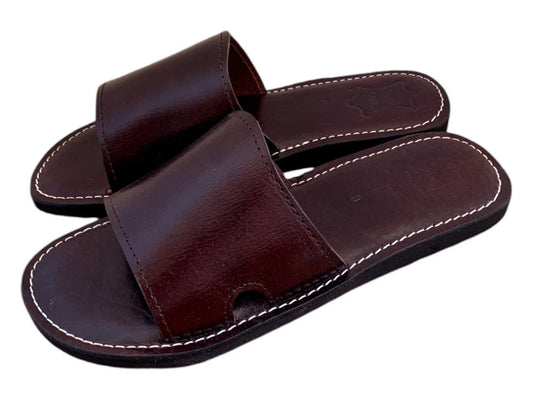 Handmade Brown Genuine Leather Slides Sandals for Men, Cozy Open-Toe Indoor and Outdoor Slippers, Leather Sandals Men, Comfortable Sandals