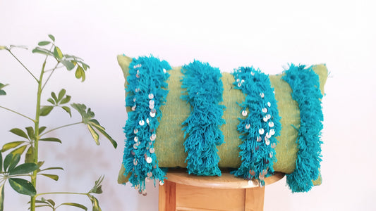Handmade Moroccan Wedding Pillow Cover,Green Wool Cushion, Green Wool Pillow Cover Unstuffed