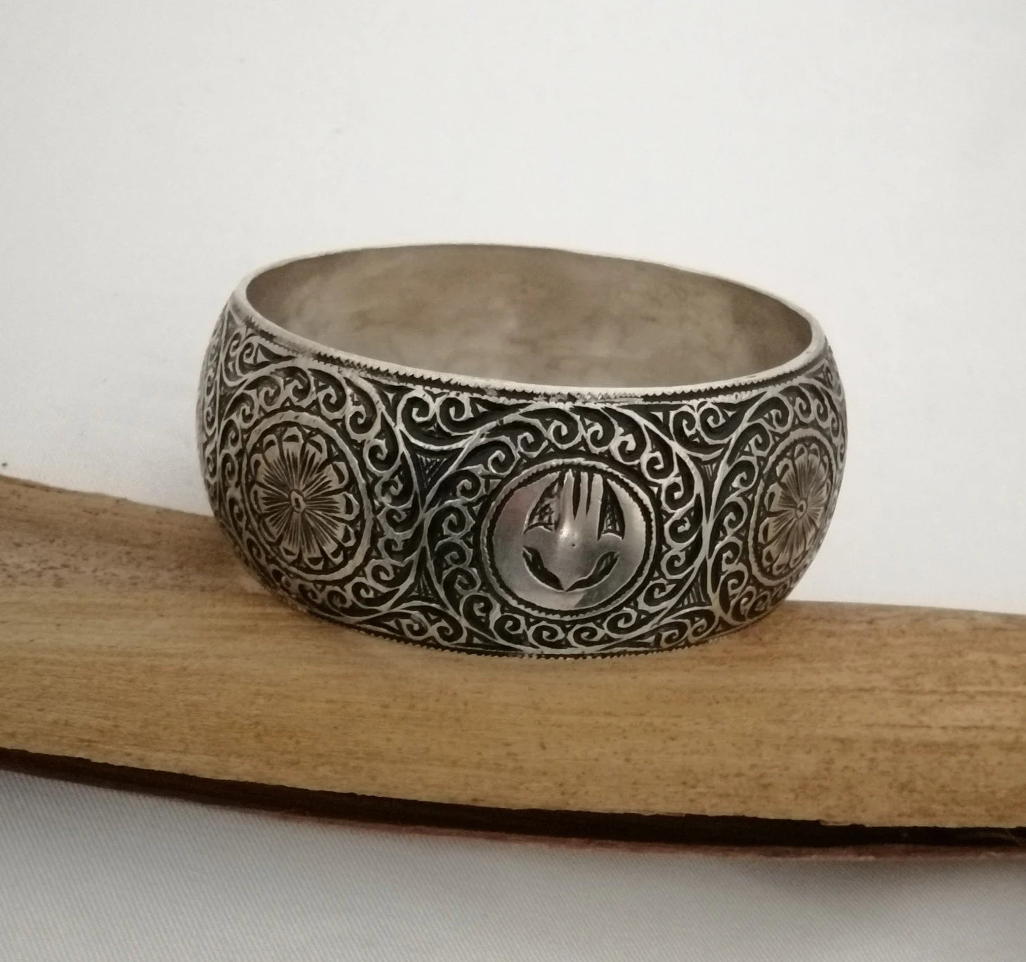 Deeply Hand Carved Vintage Berber Silver Bangle