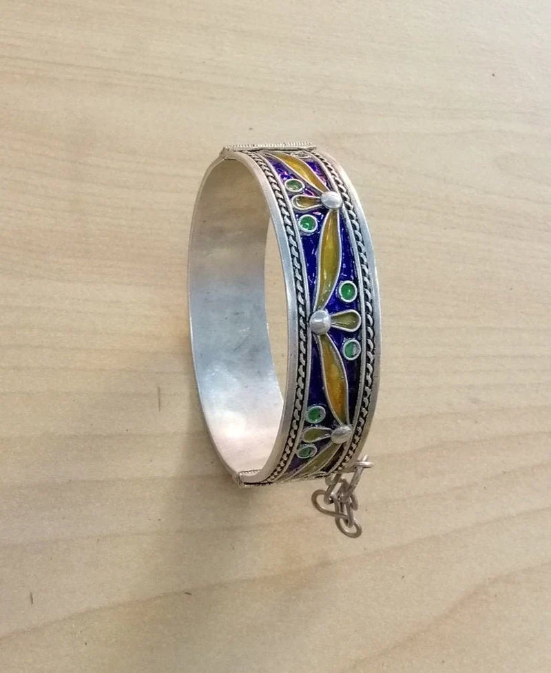 Modern Moroccan Sterling Silver and Enamel Hinged Bracelet