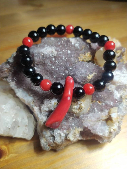 Beautiful Bracelet, Handmade, Black Agate round Beads, Coral Pendant, Gift Idea, for Here.