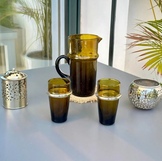 Handblown Moroccan Recycled Glass Pitcher & Cup Set – Amber Green Water Jug Tumblers – Eco-Friendly Glassware – Handmade Drinkware Gift