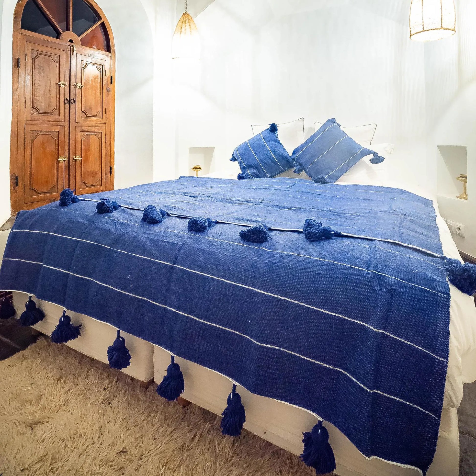 Sky Blue Handmade Moroccan Blanket, Berber Blanket, Woven Blanket, Throw Blanket, Tassel Blanket, Cotton Blanket
