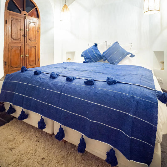 Sky Blue Handmade Moroccan Blanket, Berber Blanket, Woven Blanket, Throw Blanket, Tassel Blanket, Cotton Blanket