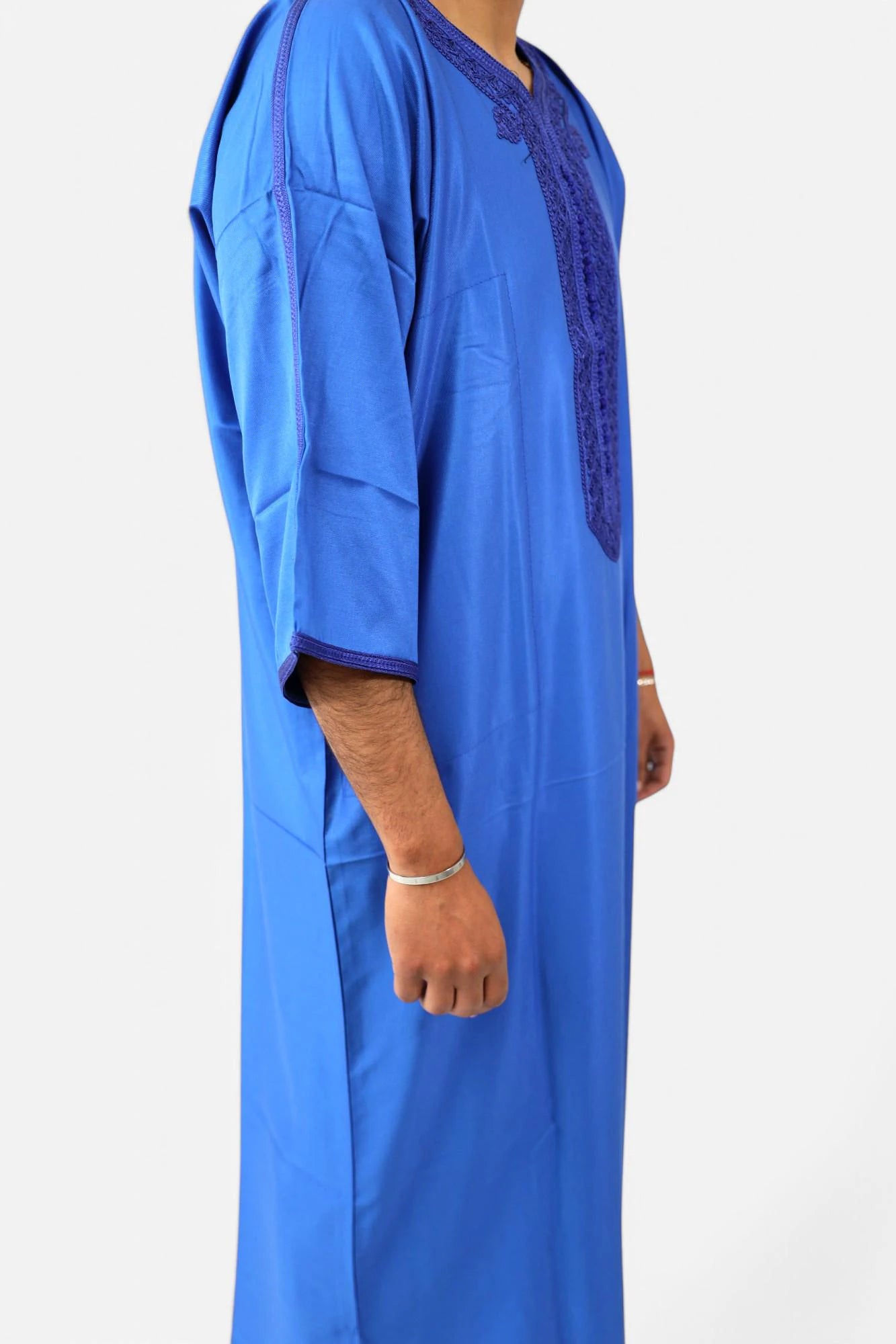 Bright Blue Moroccan Style Thobe - Traditional Short Sleeve Design for Men