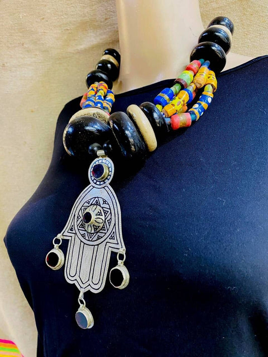 Berber Necklace, Amber Necklace, Old Berber Necklace. Khamssa Necklace