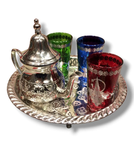 Elegant Moroccan Tea Set with Teapot, 3 Cups, and Tray Tea Ensemble Teapot and Cup Set Moroccan Tea Service Exquisite Tea Tray