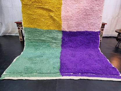 BENI OURAIN RUG 4X5, Multi-Color Moroccan Rug, Tribal Wool Rug, Fluffy Berber Carpet, Geometric & Funky Area Rug, Handmade Pink Boho Rug.