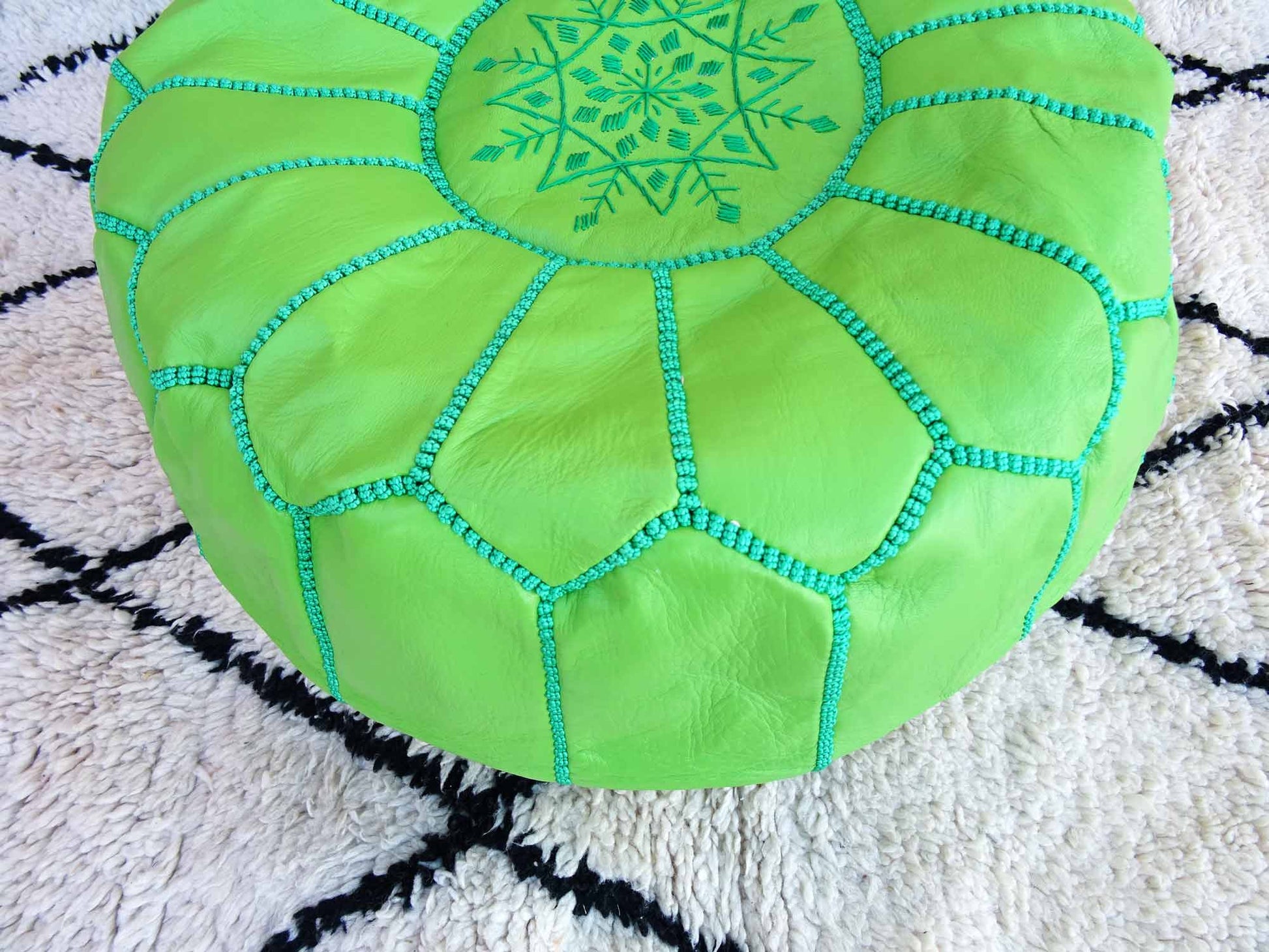 Light Kelly Green Leather Pouf with Top Embroidery, Moroccan Ottoman Poof Green Color, Luxury Kelly Green Ottoman Footstools.