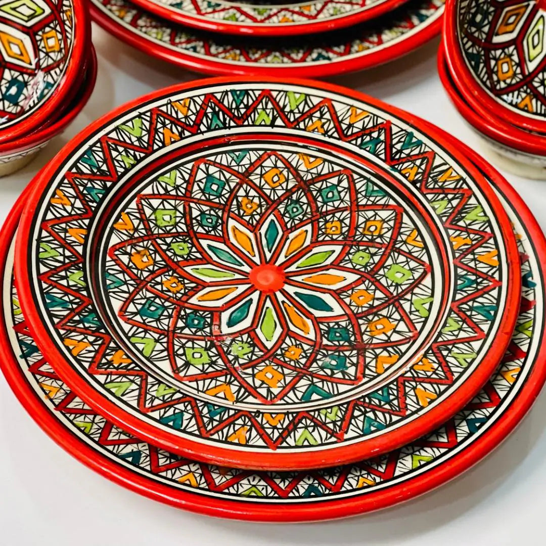 Authentic Moroccan Hand Painted Ceramic Dinnerware Set, Red Handmade Serving Set, Tableware Collection, Dinnerware Set