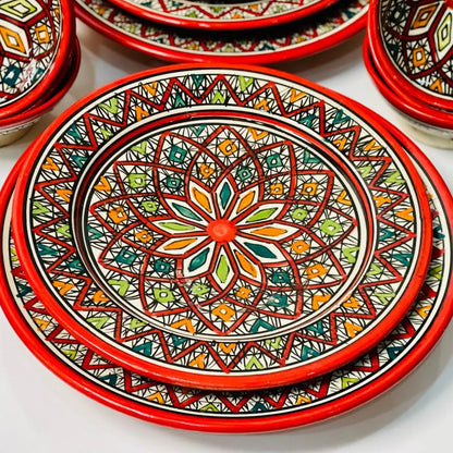 Authentic Moroccan Hand Painted Ceramic Dinnerware Set, Red Handmade Serving Set, Tableware Collection, Dinnerware Set