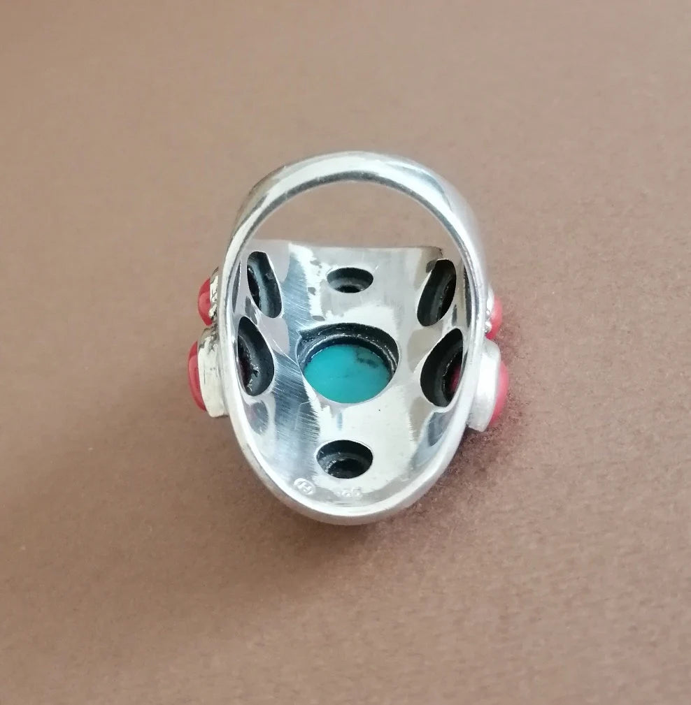 American Indian Turquoise Coral and Lapis Silver Ring