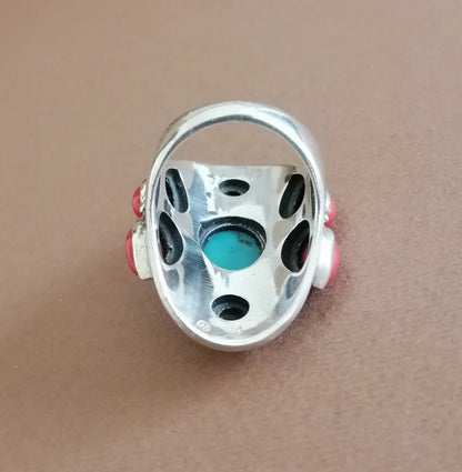 American Indian Turquoise Coral and Lapis Silver Ring