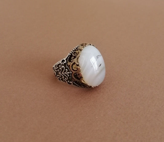Milky Quartz and Sterling Silver Signet Ring.