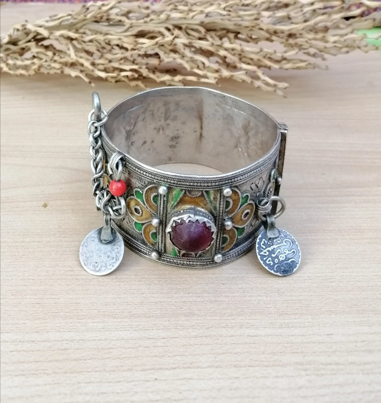 Vintage Berber Silver and Enamel Wedding Cuff Bracelet with Glass Gems and Coins
