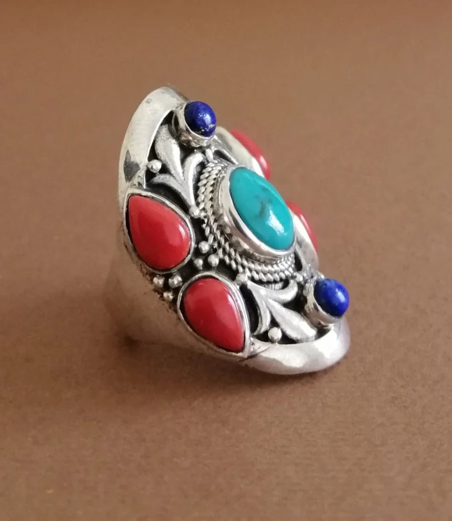 American Indian Turquoise Coral and Lapis Silver Ring