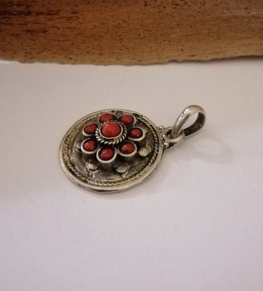 Old Berber Handmade Silver and Coral Pendant