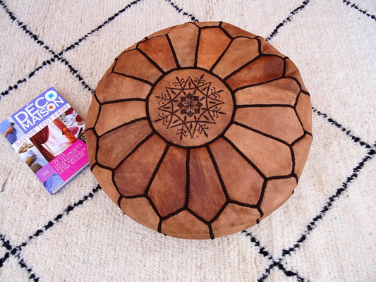 Pouf Marocain En Cuir Huilé - Cuir Véritable Fait Main - Pouf Repose-Pieds Ottoman - Pouf 100 % Cuir Naturel Véritable - Pouf Vintage