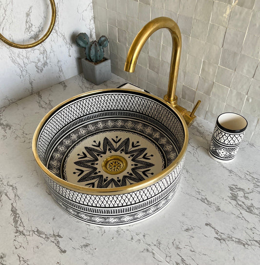 Antique Sink with Brass Rim Edge, Vessel Sink, Sink Bowl, Ceramic Basin, Hand Wash Basin, Free Gift INCLUDED
